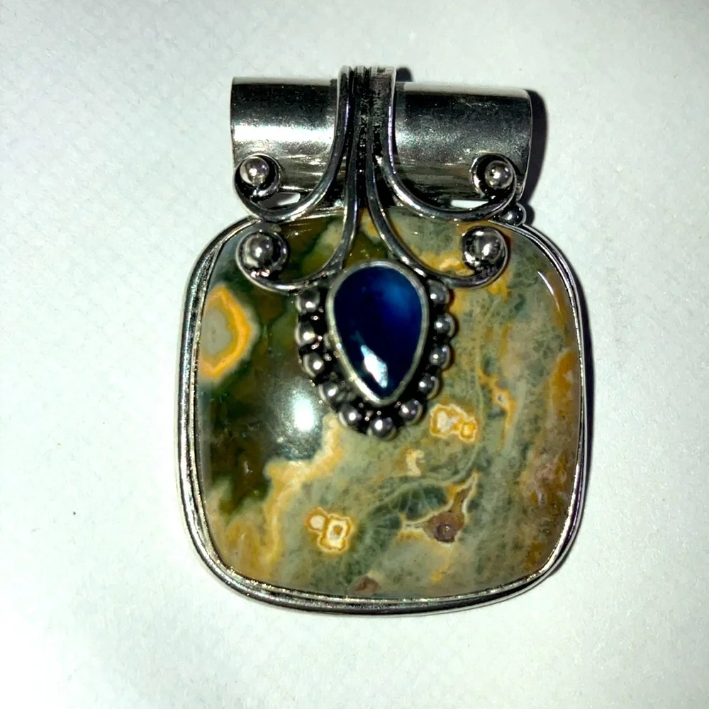 Hand Crafted Ocean Jasper Blue Topaz 925 Silver Plated Gem Necklace Pendant 1.6